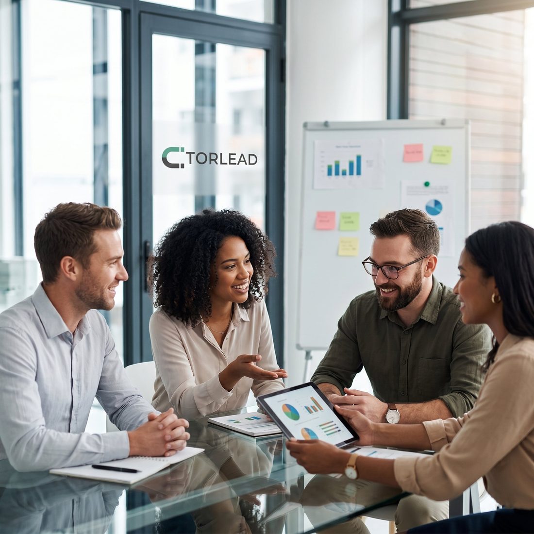 Torlead team collaborating in a modern office environment